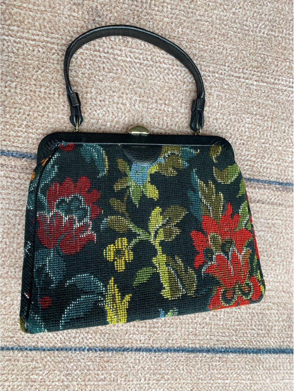 Kadin made in USA Mid century black floral needlepoint tapestry top handle bag
